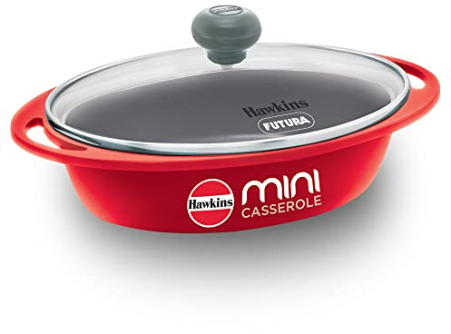 Hawkins 0.75 Litre Mini Casserole with Glass Lid, Oval Shaped Die-Cast pan for Cooking, Reheating, Serving and Storing, Red (DCR75G)