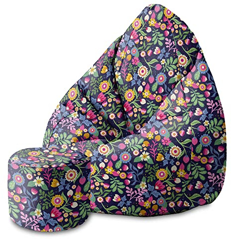DreamRoots Sitzsack Erwachsene 80x80x120, Exotic Floral | Bean Bag mit Lehne, Hocker & Bezug, 80x80x120 & 70x70x105 cm, Sitzkissen Boden, Bubibag, dunkle Blumen-Designs