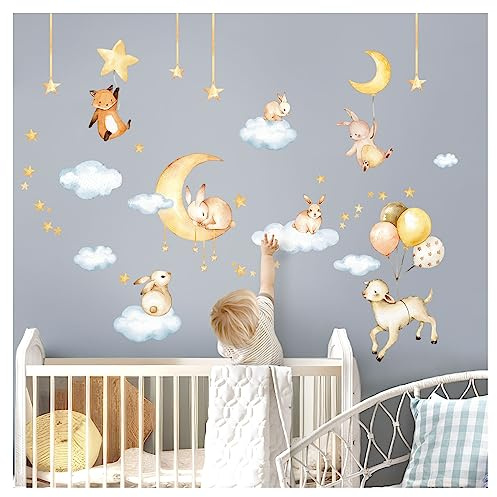 DEKO KINDERZIMMER Wandtattoo Tiere Mond Wandsticker Schaf Hase Wolken Kinderzimmer Wandaufkleber Babyzimmer Wanddeko DK1100-2