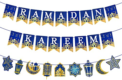 AhfuLife Ramadan Kareem Dekoration, Ramadan Deko - Vormontiert Ramadan Kareem Banner Stern Mond Laterne Girlande, Ramadan Mubarak Dekoration für Muslim Islamische Party Umrah Eid Mubarak Deko