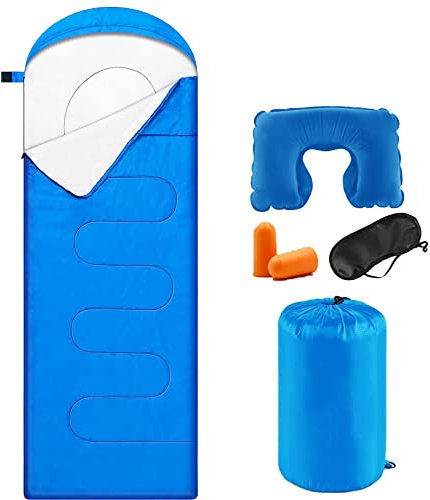 Schlafsack Outdoor,Blauer Tragbarer Schlafsack 4 Jahreszeiten 210 * 75cm, mit Kissen und Augenmaske und Ohrstöpsel, Geeignet Schlafsack Erwachsene und Kinder für Camping, Strand und Wandern