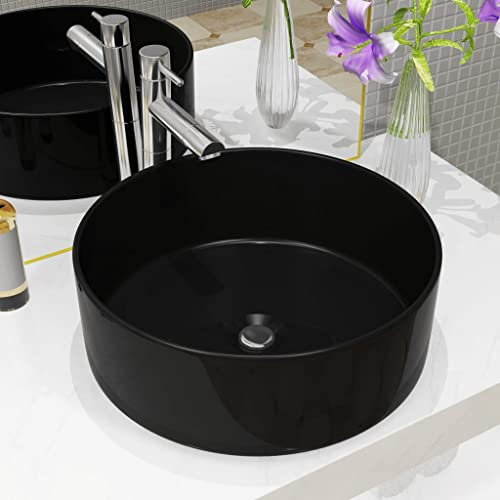 WIFESE Lavandino Tondo in Ceramica Nero Lavello Ceramica Appoggio Lavandino Bagno Arredo Bagno Lavandino Da Appoggio Lavabo In Ceramica Lavabo Da Bagno Lavabo Da Appoggio 40x40x15 cm