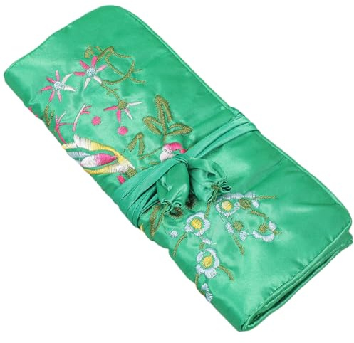 Holibanna Bolsa Rollo Para Joyas y Cosméticos Bordado Floral Tradicional Múltiples Bolsillos Cremallera Para Collares y Brochas Para Viaje y Uso Diario