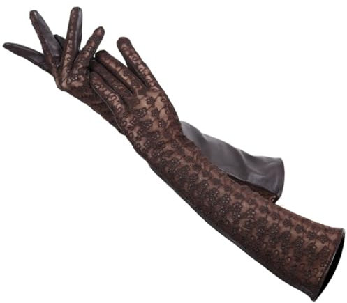 Dninmim Damen Lange Spitze Leder Handschuhe Solide Party Hochzeit Zubehör, braun, 8.5