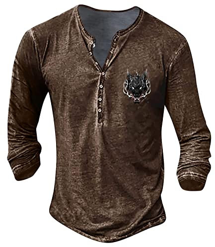 Herren Langarmshirt Hemdbluse Gentelman mit Knopfleiste Oberteile Henley Ausschnitt Gummizug Sommer Lässig Poloshirt Herren Muster Slim Langärmliges Oudoor Braun 125