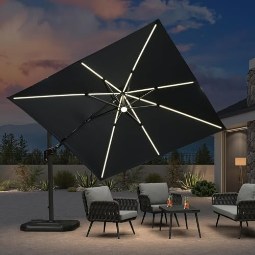 PURPLE LEAF Parasol Déporté LED Solaire 3 x 3 m avec Pied de Croix, Parasol de Jardin Extérieur Toile Anti-UV avec Inclinable des Deux Côtés, Rotation à 360°, Réglage sur 5 Positions, Gris