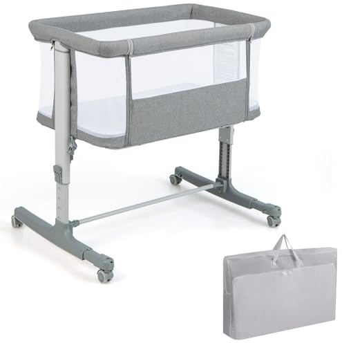 COSTWAY Cuna Infantil, 3 en 1 Cuna de Viaje con 5 Altura Ajustable, Cuna Colecho con Cómodo Colchón, Red Transpirable y Bolsa, Cuna Portátil para Bebés(Gris Ligero, Estilo 2)