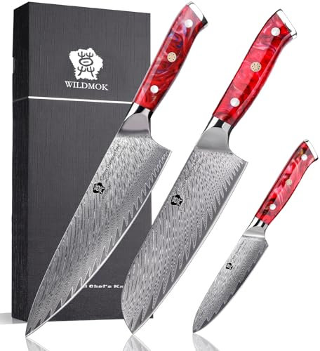 WILDMOK Ensemble de 3 couteaux de cuisine Damas, couteaux de cuisine tranchants comme des rasoirs en acier Damas japonais, ensemble de couteaux de chef Damas bien équilibrés avec manche