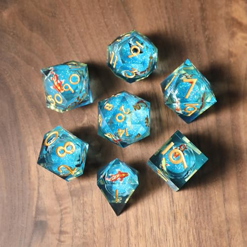 Sats med D&D-tärningar, 7 st., med flytande kärna av rörlig sand, i harts, vassa kanter, för Dungeons and Dragons, rollspelstärningar, D20, D12, D10, D8, D6 och D4, handgjorda, för rollspel