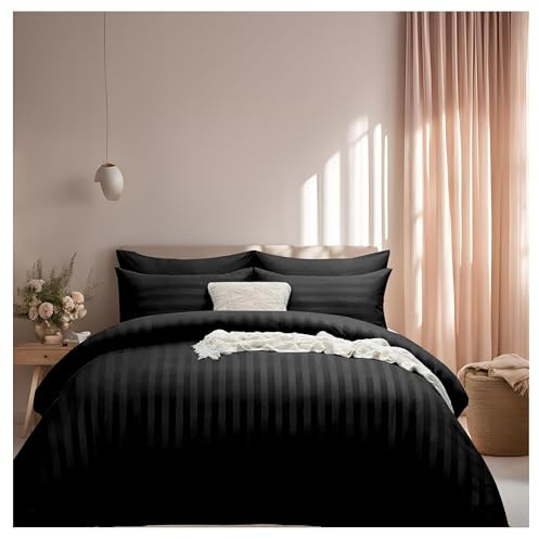 J.Din King Size Satin Stripe Reversible Duvet Cover Sets, Black | Soft Brushed Microfiber Bedding 3 Piece Duvet Set Hotel Quality Quilt Cover with 2 Pillowcases