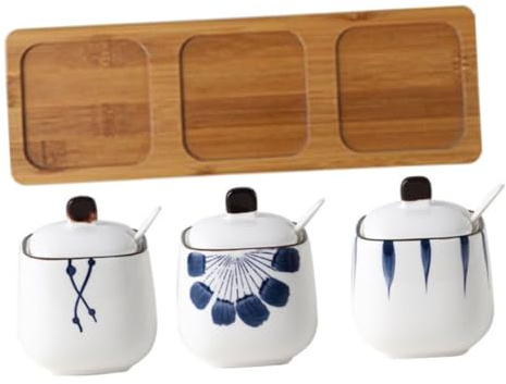 ABOOFAN Set De Tres Tarros Cerámicos Para Especias Salero y Azucarero Con Tapa Cucharas Incluidas Ideal Para Hogar