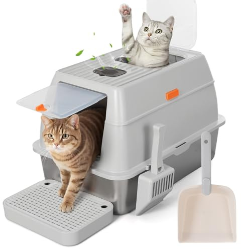 PawGiant Stainless Steel Cat Litter Tray with Lid, Extra Large Litter Box with High Sided, XXL Enclosed Metal Litter Tray with Scoop, Detachable, Easy Clean