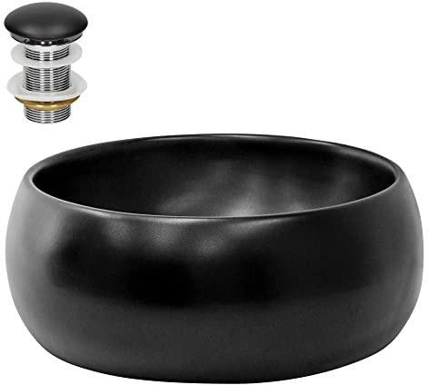 LuxeBath Lavabo da Appoggio in Ceramica Nero Finitura Opaca Ø 400 x 155 mm Lavandino Rotondo Design Moderno Lavamani con Foro di Scarico e Piletta Lavello Elegante Sanitari per Bagno Toilette WC