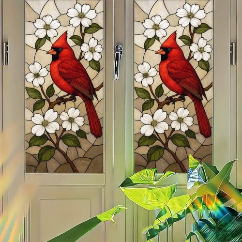 Starlit Patio Cardinal Window Film Stained Glass Style Privacy Panel Static Cling Decorative Cover for Kitchen Door Entryway Sunroom 17.7x39.3 inch