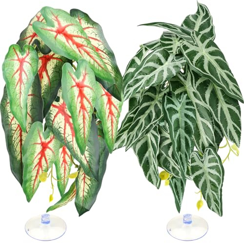 QUOZUO Lot de 2 plantes artificielles pour terrarium, feuilles artificielles avec ventouses, plantes de vigne à suspendre pour dragons barbus, lézards, serpents, geckos, grenouilles