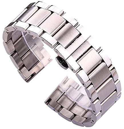 XJEIVJIC Bracelet de montre en acier inoxydable 18 20 21 22 23 24 mm Silt Silver Metal Watch Bands Bold Fold Deployment fermoir durable (Couleur du bande: brossage moyen, largeur de bande: 22 mm)