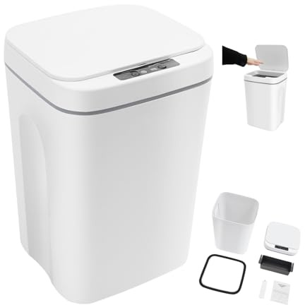 ROGONPDK Poubelle automatique de 16 l - Avec capteur intelligent - Avec détecteur de mouvement et couvercle à fermeture douce - Poubelle de salle de bain automatique avec boîte de rangement