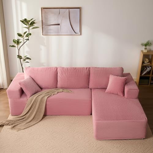 Litbird Modulares L-förmiges Ecksofa mit Schlaffunktion – rahmenloses Schlafsofa mit Chaiselongue rechts, extra tiefer Sitzfläche, montagefrei, für Wohnzimmer,Rosa