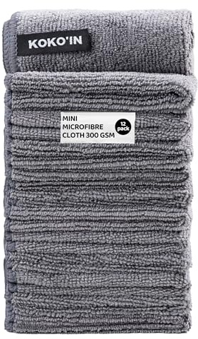 KOKO'IN Microfiber Cleaning Cloth| Pack of 12| Soft| Mini format 20x20 cm |Streak-Free| Multipurpose Polishing Cloth| Lint-Free| Resistant| Super Absorbent & Reusable| Home & professional| Grey