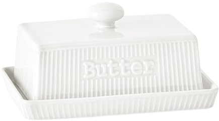 weiß Butterdose Keramik für 250g Butter, rechteckige Butterglocke, Butterschale mit Deckel und Griff, Butterbox Spülmaschinenfest, Butterbehälter im Landhausstil für Haus und Küche