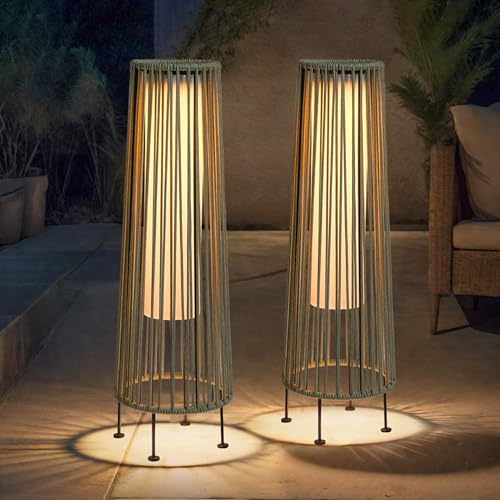 TRIROCKS Outdoor Floor Lamp 2 Piece Solar Powered Lantern Wicker Solar Patio Lamp with Olifen Rope Waterproof Rattan Outside Solar Deck Light for Patio Garden Lawn Yard (Grey)