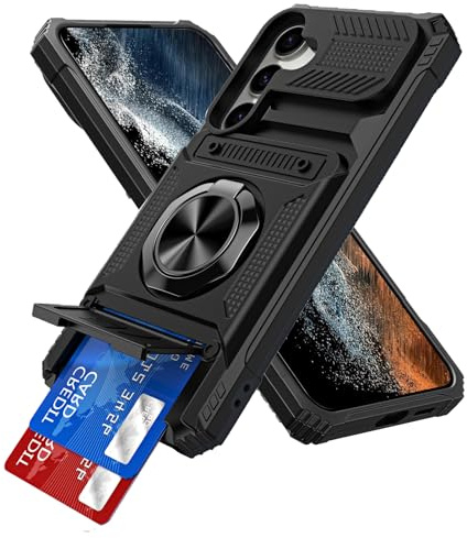 IMEIKONST für Samsung Galaxy S25 FE Hülle mit Kartenhalter Schwarz TCKB | Handyhülle mit Kameraschutz, Metall Ring Ständer, Militärschutz Stoßfeste Kratzfest Schutzhülle, Robust Fallschutz Tasche