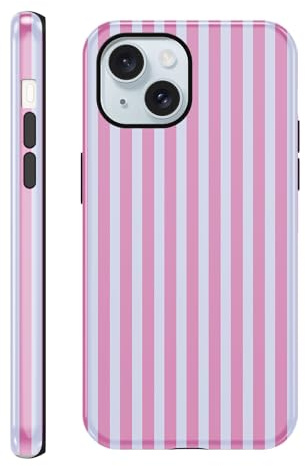 Coalbooliy Custodia per iPhone 15 6,1'', AestheticStriped Righe Motivi Print Femmina Conchiglie Disegno 2 in 1 Cover Antiurto Anticaduta Protettiva Bumper Ragazza Silicone Case, Rosa