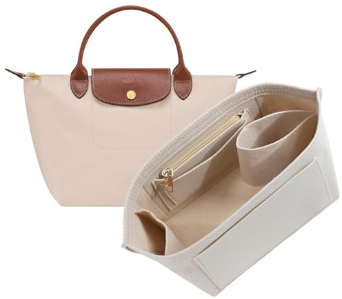 OAikor Premium Felt Purse Organizer Insert for Longchamp Le Pliage S Handbag,Zipper Small Handbag Organizer with Cup Holder,Bags Storage Divider with 8 Upgraded Deepened Compartments,S/Beige