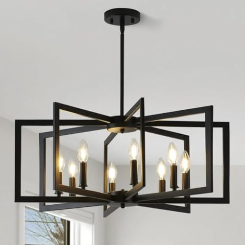 GHiycotdl Moderne Kronleuchter,E14 Pendelleuchte Esstisch,Rustikal Vintage Deckenleuchte,Metall Hängelampe Esstisch Für Esszimmer Wohnzimmer Foyer Flur Holzrahmen (Schwarz, 8 Lights)