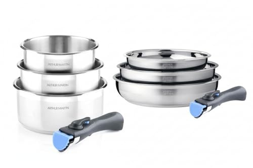 ARTHUR MARTIN - Batterie De Cuisine Inox 8 Pièces - 3 Casseroles Ø 16, 18, 20 cm - 2 Manches Amovibles - Compatible Induction - Ensemble Pratique Et Fonctionnel
