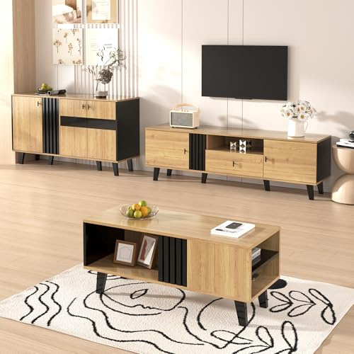 Bladez Ensemble de meubles de salon 3 pièces avec éclairage LED, armoire TV, buffet et table basse, aspect bois noir, design moderne avec espace de rangement (noir + bois + verre)