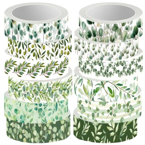 PRESSINART 12 Rouleaux Ruban Washi Décoratif Feuilles 0.6 Pouces Motif Plantes Tropicales Vert Ruban Adhésif Créatif pour Scrapbooking Journal DIY Projets Cadeaux Emballage 16.4 Pieds