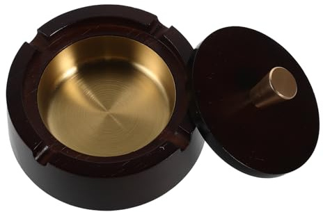 EPIGEIST Cenicero de Madera con Revestimiento Metálico y Tapa, a Prueba de Viento, para Interior y Exterior, Accesorio para Fumar en Hogar, Oficina y Patio, Diseño Redondo Tradicional
