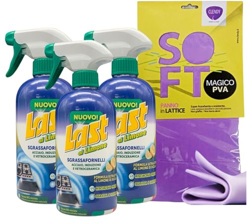 SET: 3x Detergente Spray SGRASSAFORNELLI Al Limone, Ideale Su Acciaio, Induzione e Vetroceramica. Sgrassa e Igienizza, Risciacquo Facile 435ml + Panno SOFT In Lattice, Formato 30x30cm