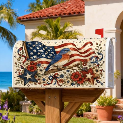 Bluebird - Coperture magnetiche per cassetta delle lettere, motivo patriottico rustico, bandiera americana, fiori, estate rossa, decorazione per la casa e il giardino, 53 x 64 cm