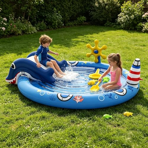 Barnpool med rutschkana, uppblåsbar plaskdamm för barn, vattenleksaker barn utomhus, för vattensprejspel trädgård, terrasser och pool, 203 x 152 x 64 cm