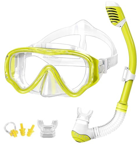 VILISUN Taucherbrille mit Schnorchel Anti-Leck Anti-Fog Schnorchelset Tauchset aus Gehärtetem Glas, ideal für Tauchen, Schnorcheln und Schwimmen, Gelb Set (Kinder)