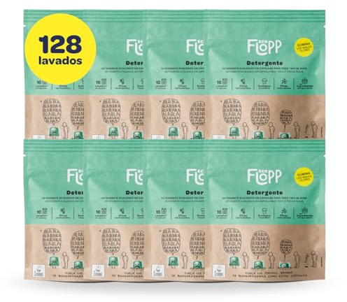 Flopp - Detergente Ecológico en Cápsulas para Ropa | Etiqueta EU Ecolabel | Eco para Lavadoras Ropa Blanca y Color | Fórmula Vegana | Limpia sin ensuciar el Planeta (128 cápsulas)
