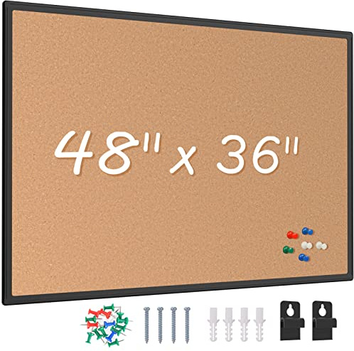 Board2by Bulletin Board 48 x 36, Black Aluminium Framed 4x3 Corkboard , Large Wall Mounted Notice Board with 18 Push Pins for School, Home & Office