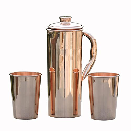 Krug aus reinem Kupfer, 1 Liter Fassungsvermögen, mit 2 Bechern für Ayurveda-Gesundheitsvorteile, 100 ml