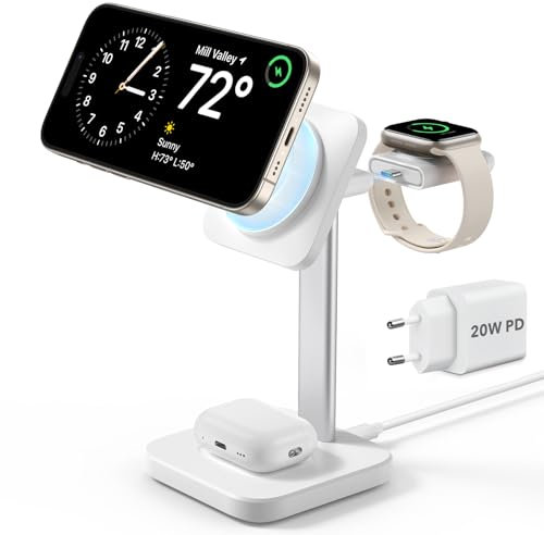 ESR MagSafe Ladestation Apple Watch und iPhone, 3 in 1 Ladestation Apple, Magsafe Ladegerät kompatibel mit iPhone 17/16/15/14/13/12, Apple Watch 9/8/7/6/5/4/3/2/SE und AirPods 4/3/2/Pro, Weiß