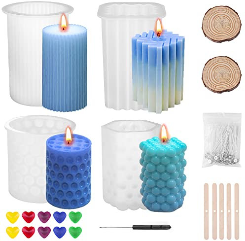 SUPERSUN 4 Pcs Silikonform Kerzeform mit 10 Kerzenwachs Farbe Kit 3D DIY Kerzen Gießen Formen Set mit Kerzendochte&Dochthalter als Heimdekorationen Bastel Ornamente DIY Duftkerze Seife Harzgussform