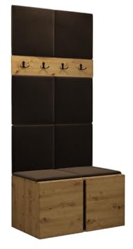 Mirjan24 Garderoben-Set Monati IV, Schuhschrank + Kleiderhakenbrett und Gepolstertes Paneel/Wandpaneel, Kleiderhaken, Flurgarderobe, Wandgarderobe (Eiche Artisan/Schwarz, Manila 04)