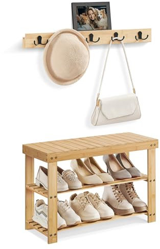 SONGMICS Schuhbank Wandgarderobe Set, Schuhregal mit Sitzfläche, multifunktional, 5 Zweifach-Metallhaken, Schuhbank mit 3 Ebenen aus Bambus, für Flur Schlafzimmer Wohnzimmer, naturbeige LCR004N01