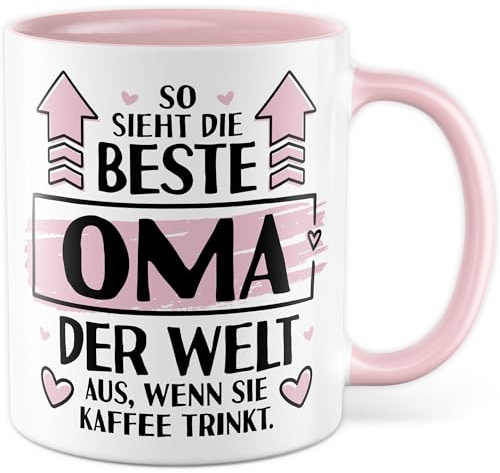 Oma Tasse mit Spruch - Geschenk So sieht die beste Oma der Welt aus, wenn sie Kaffee trinkt - Kaffeetasse 330ml aus Keramik - Großmutter Enkel Großeltern Familie Kaffee-Becher