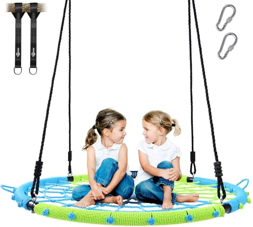 Trekassy 750lbs 40 Spider Web Saucer Tree Swing for Kids Adults, Outdoor Net Swing with Steel Frame and 2 Hanging Straps-Blue+Green (Patented)