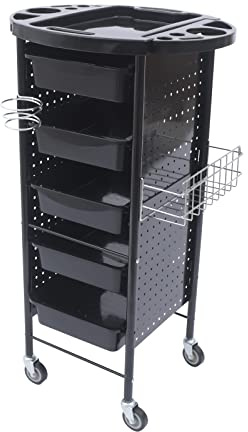ACROSSPART Frisvagn, arbetsvagn, frisörvagn med 5 pallar, kosmetisk vagn, användarvagn, fristående frisörvagn, frisörvagn med hårtorkshållare och hängkorg, 95 x 53 x 44 cm, svart