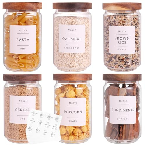 6 Set Glass Pantry Storage Jars with Acacia Airtight Lid - 23oz Thicken Glass Kitchen Canisters with 132 Pantry Labels - Clear Glass Food Storage Containers with Wood Lid for Tea,Sugar,Cookie,Coffee