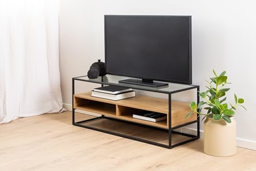 möbelando TV-Regal >Randolf< in Wildeiche; schwarz, Glas, Stahl, MDF - 120x45x40cm (BxHxT)