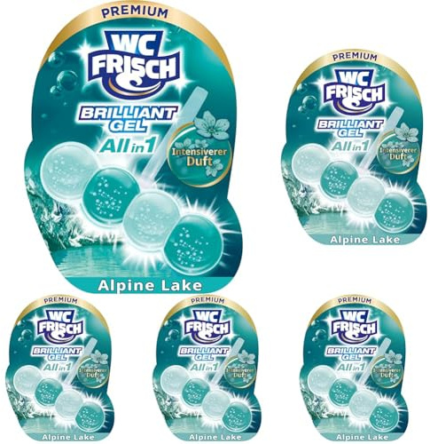 WC FRISCH Brilliant Gel Alpine Lake, WC-Reiniger & Duftspüler (1 Stück), All in 1 Formel mit Kraft-Schaum, Schmutz-Protektor, Extra Frische und brillantem Glanz (Packung mit 5)